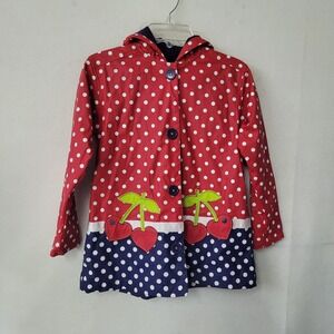 Hartstrings Girls Raincoat Size 5/6 Red White Polka Dot Cherry Applique Hooded